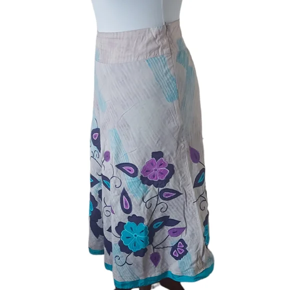 Monsoon Embroidered Skirt UK Size 16 Applique Beige Purple Blue A-line Lined - Picture 3 of 8